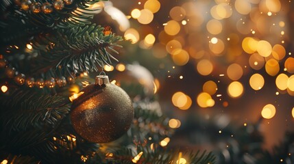 The tree is decorated with shiny toys and glittering lights