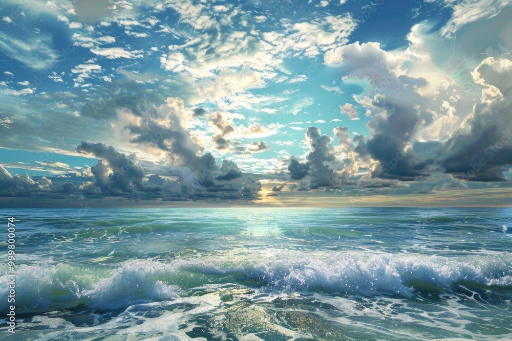 Poster a serene image of an ocean with clouds drifting lazily across the sky, perfect for use as a backgrou