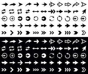 Arrow Icon Set Monochrome Directional Symbols in Various Styles. Vector illustration isolated on black and white background.