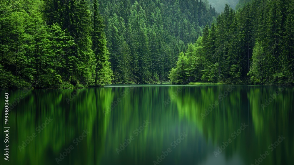 Wall mural serene green lake surrounded by lush forest landscape