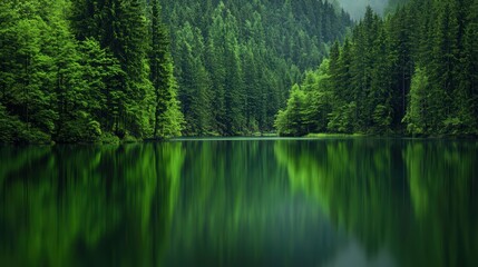 Serene green lake surrounded by lush forest landscape