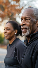 Happy older Black couple exercising outdoors, focused on their activity and enjoying the moment