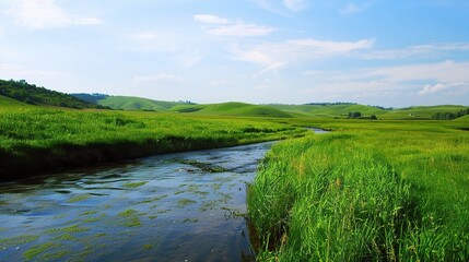 Beautiful Grassland River and Green Grassland Background: A Serene Natural Scene. Admire the Peace and Beauty