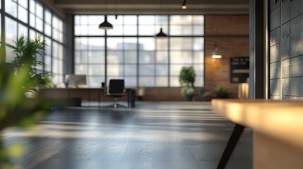 Modern industrial office space with large windows, blending natural light and sleek design. Polished concrete floors reflect ambient lighting, creating a spacious atmosphere.