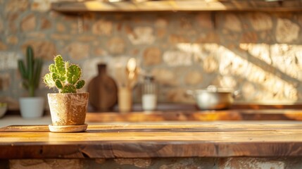 Cactus on a Rustic Wooden Counter