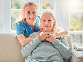 Elderly woman, nurse and portrait in nursing home for care, assistance and smile for trust. Senior...