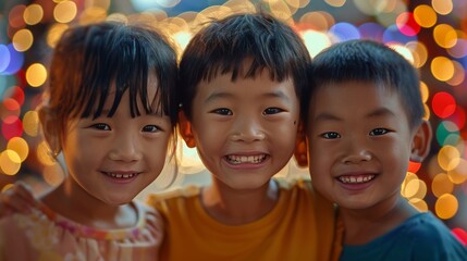 Three happy children of varied ethnicities