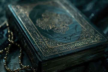 Fototapeta premium A leather-bound book is placed on a table, secured by a chain