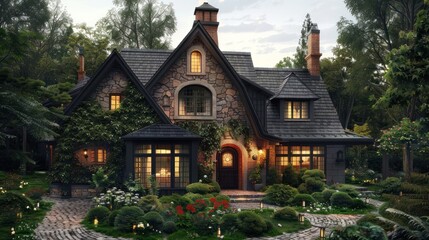 Fototapeta premium Charming Stone Cottage in a Tranquil Forest