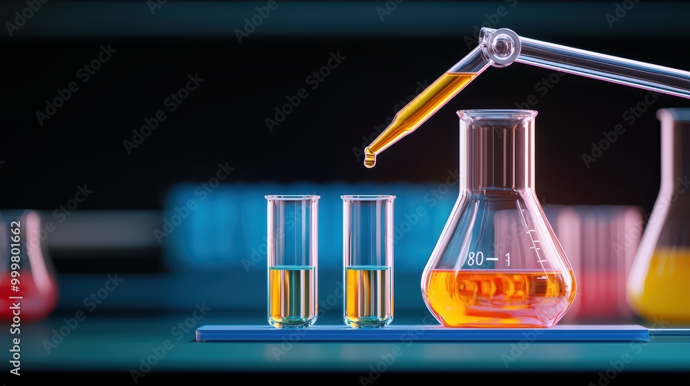 Poster laboratory experiment with colorful liquids in glassware and a dropper.
