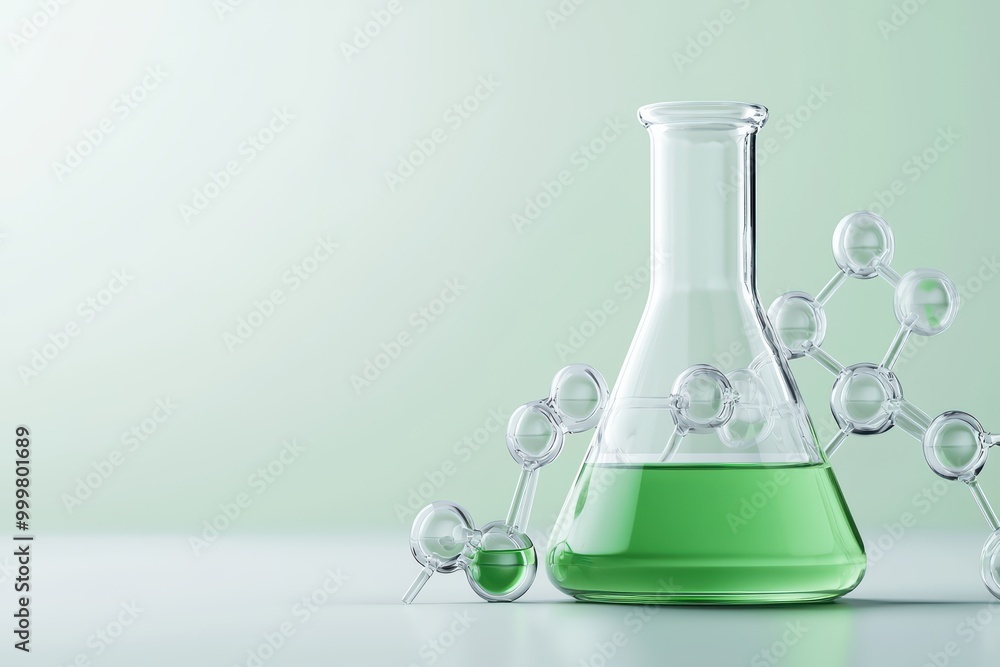 Poster laboratory flask with green liquid and molecular structure on a soft green background.