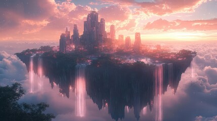 Obraz premium surreal dreamscape floating islands with ethereal waterfalls bioluminescent flora and impossible geometric structures in pastel hues