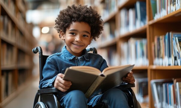 Happy young disabled mixed race school student in wheelchair reading a library book.