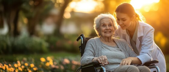 Happy nurse caring for elderly woman in a wheelchair. Young female pushing senior retirement nursing home patient in a wheelchair outdoors in a garden