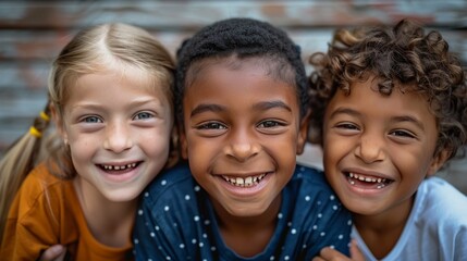 Three happy, diverse children in a close-up photo