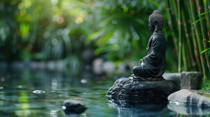 A person sits on a rock partially submerged in calm water, with potential uses for travel or wellness images