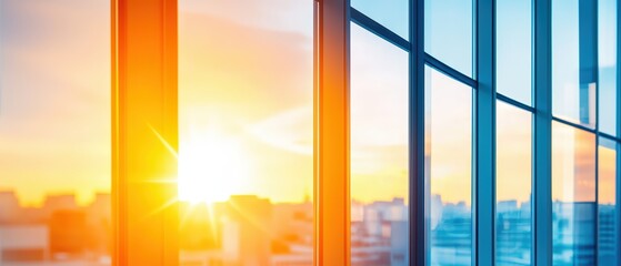 Modern windows with sunset view, city skyline in background.