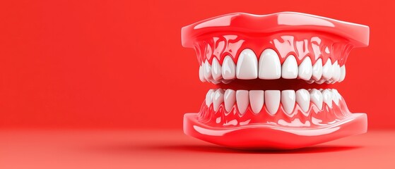 Obraz premium Open mouth with teeth on a vibrant red background.