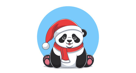 Vector funny cute cartoon sitting baby panda wearing red santa claus hat and scarf. Asian chinese cuddly bear cub. Merry Christmas and Happy new year.