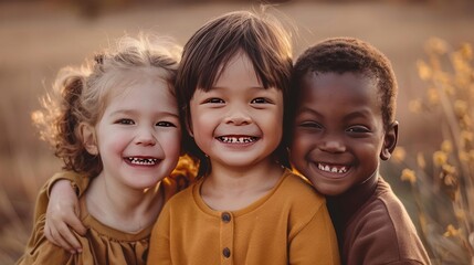 Three happy kids of different ethnicities, smiling together