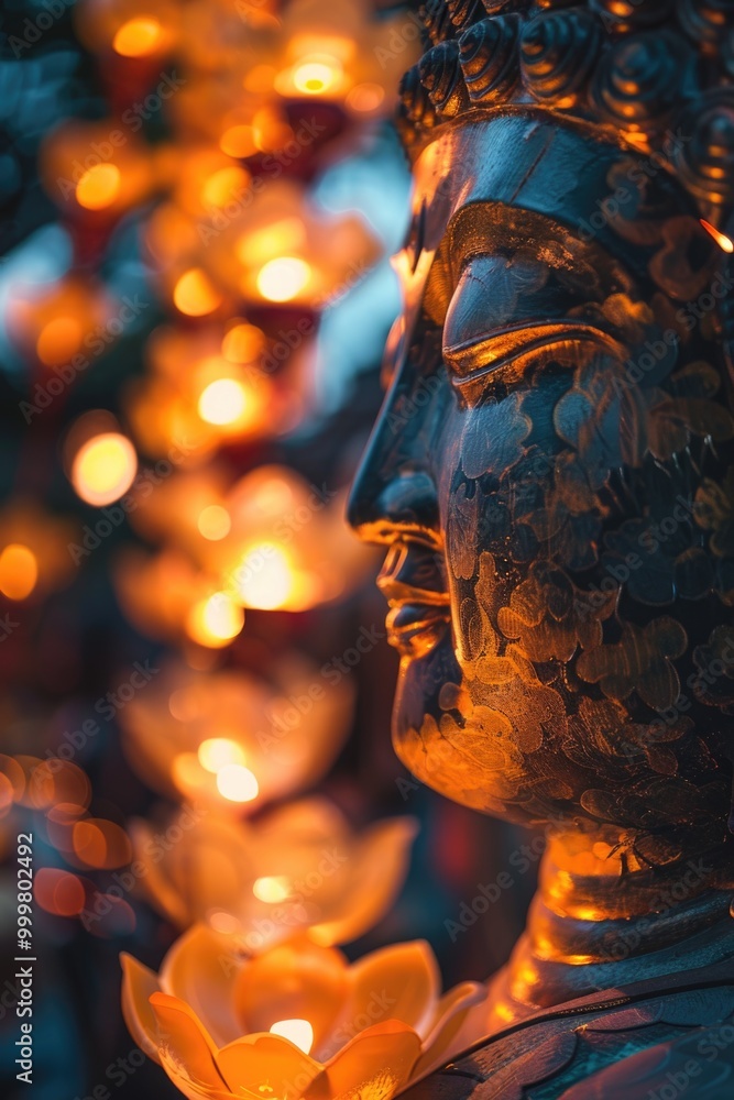 Poster a detailed view of a statue with a lit candle in the background, ideal for use in art or design proj