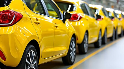 New Yellow Cars on Production Line   Automotive Industry