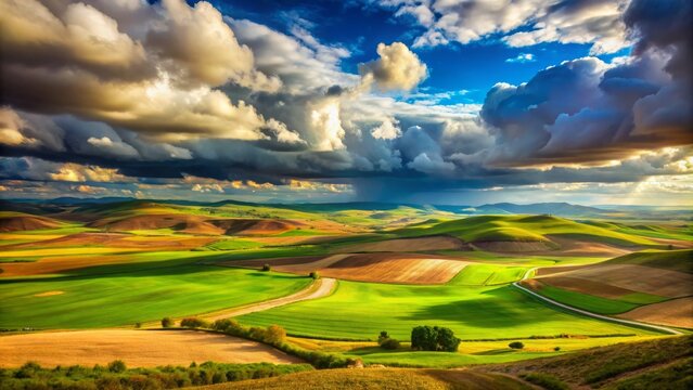 Vast meseta terrain features undulating hills beneath an awe-inspiring, dramatic sky, fostering a serene ambiance in a