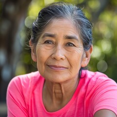 An older Hispanic woman enjoys exercising outside, radiating happiness and determination