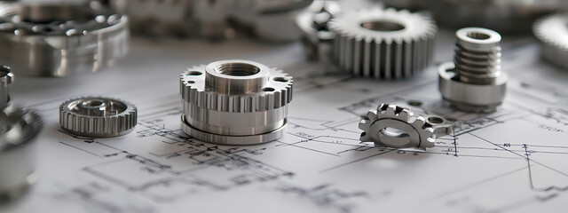 Intricate Metallic Gears on Engineering Blueprint