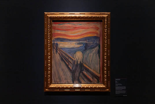 Oslo, Norway - August 13, 2023: A picture of one of the variations of the iconic Scream painting, by Edvard Munch, at the Collection exhibition of the National Museum of Oslo.