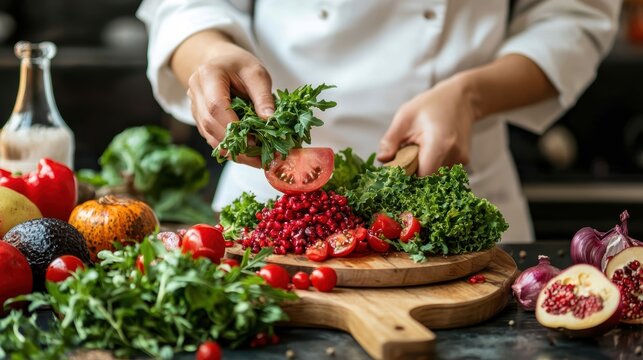 Hands preparing a nutritious fall salad with personalized nutritional guidelines in view emphasizing the connection between health and seasonal food choices