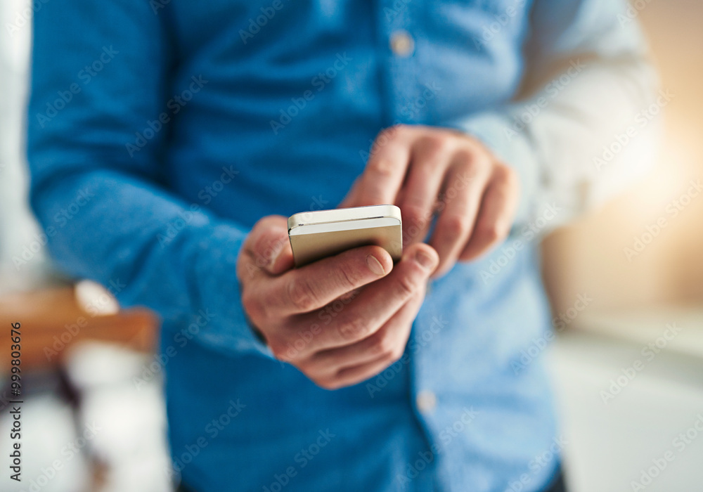 Poster Office, hands and businessman with smartphone for chat, text message and notification from client. Workplace, sales manager and cellphone with mobile app for feedback, information and scroll online