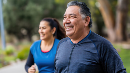 Fototapeta premium An older Hispanic couple shares a joyful moment while exercising outdoors