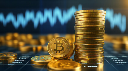 Gold Bitcoin coins stacked on a chart background with cryptocurrency market trends.