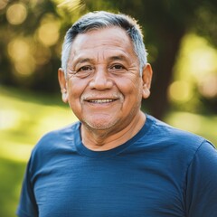 An older Hispanic man joyfully engages in outdoor exercise, embracing a healthy lifestyle