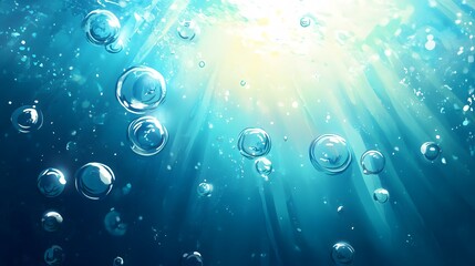 Abstract underwater background with sunlight and air bubbles. 