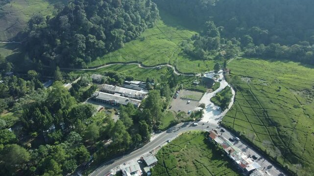 Puncak Bogor. Aerial view of a winding road in a natural tourist area in Puncak, Bogor Regency, West Java.