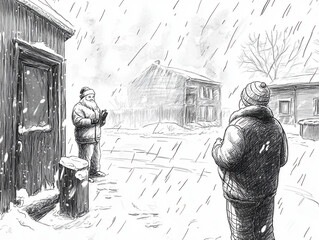 Winter Scene Santa and Man in Snowy Village, Drawn in Storyboard Style Illustration