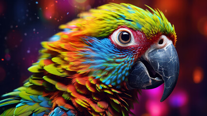 Obraz premium Stylized rainbow parrot, portrait. Parrot in cartoon style. Poster and wall prints.