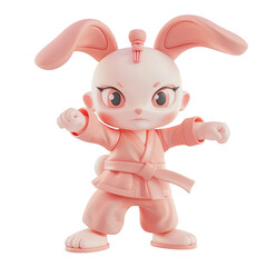 Fototapeta premium Pink rabbit in a karate pose with a black belt.