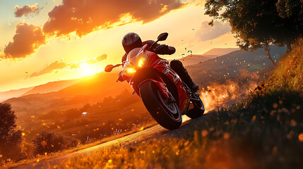 Motorcycle riding on a country road during a stunning sunset.