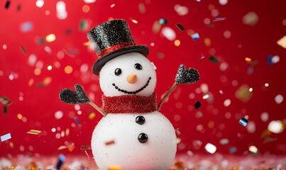 Cheerful snowman with a red scarf and top hat celebrating Christmas against a red background with falling confetti, perfect for holiday celebrations and winter joy