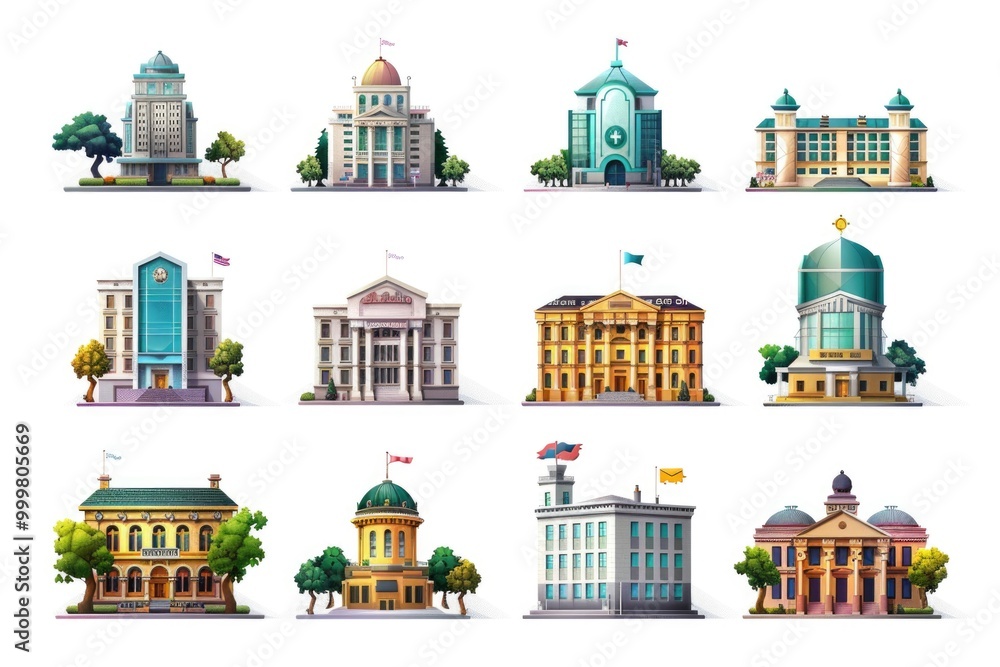 Poster a collection of buildings with unique color schemes and architectural styles
