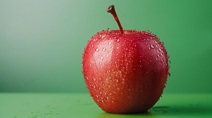 A crisp red apple glistening with water droplets epitomizes freshness and nutrition isolated on a green background