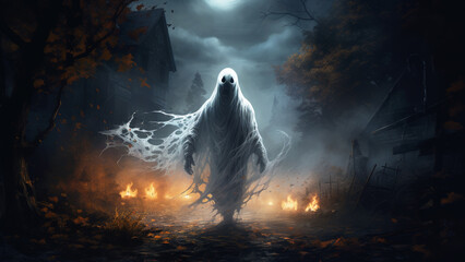 A scary ghost, undead on the background of a spooky forest. Background for a scary fairy tale