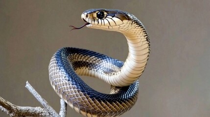 Fototapeta premium A striking cobra poised on a tree branch with its fangs bared, displaying a captivating display in a lush environment