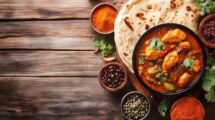 Indian Chicken Curry with Naan Bread and Spices