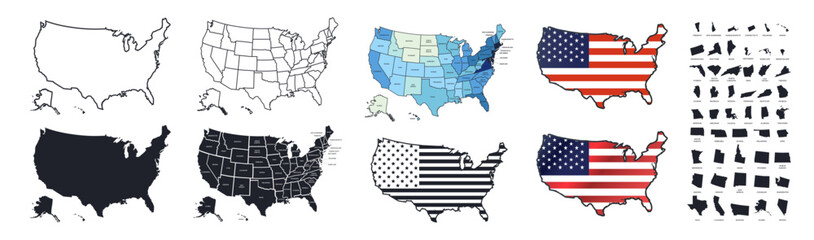 Map of the United States of America. States of the USA. USA map isolated on transparent background. Black and coloured map with flag © Pavlo