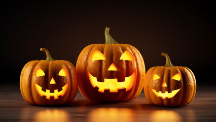 A spooky halloween pumpkin, Jack O Lantern, with an evil face and eyes on the dark background