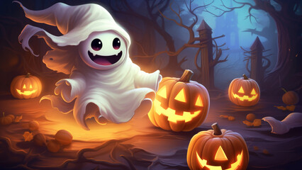 Naklejka premium Charming Halloween Scene: Cute Smiling Ghost with Jack-O'-Lanterns